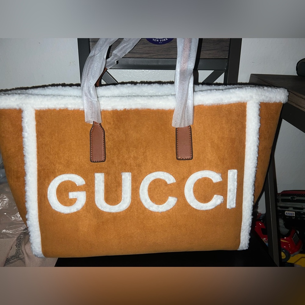 Tan Brown and White Women's Shearling Tote Bag
